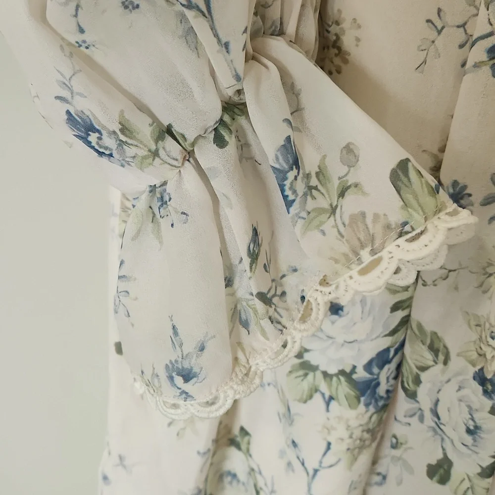 Altar'd State Fern Floral Mini Dress Ivory Blue Babydoll Puff Sleeve Cottagecore - Picture 5 of 14